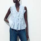 Women's Button Detail Ruffle V-Neck Top