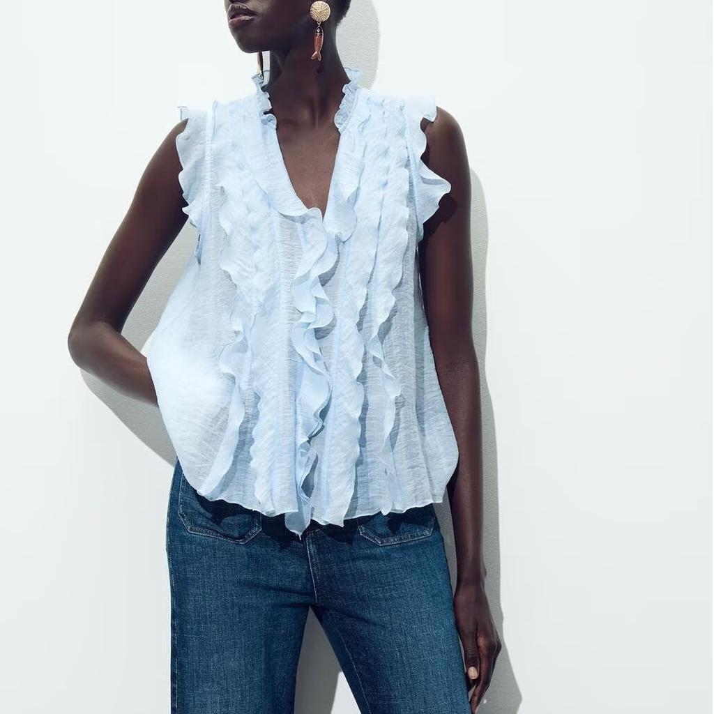 Women's Button Detail Ruffle V-Neck Top