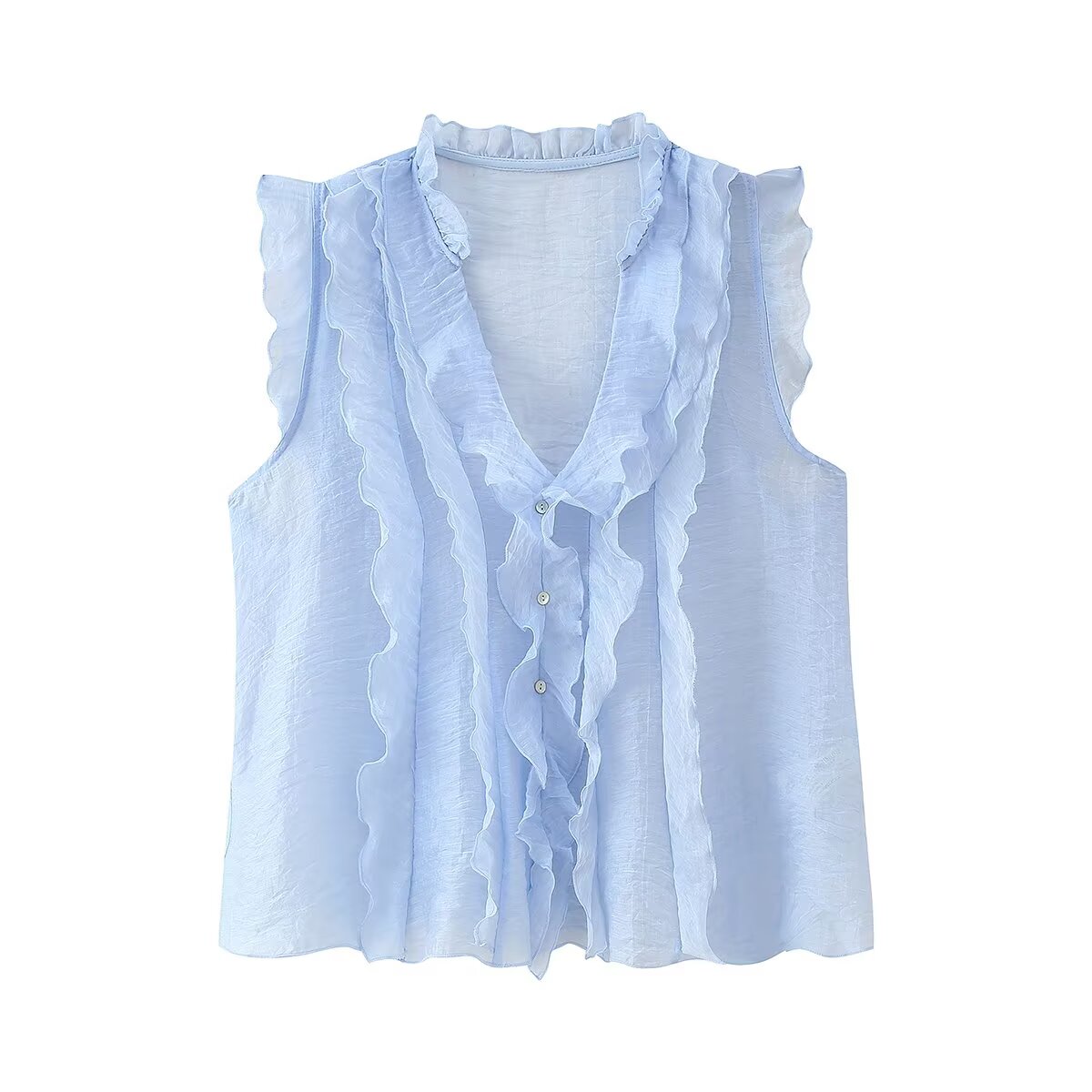 Women's Button Detail Ruffle V-Neck Top