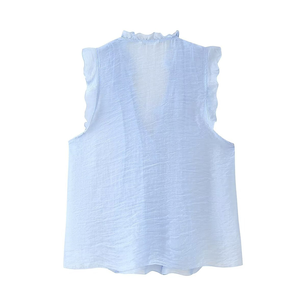 Women's Button Detail Ruffle V-Neck Top