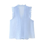 Women's Button Detail Ruffle V-Neck Top