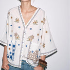 Women's Bohemian Embroidered Loose V Neck Shirt