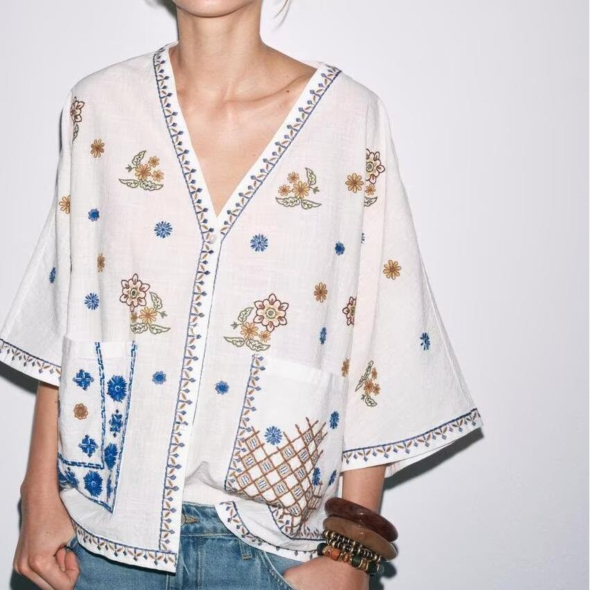 Women's Bohemian Embroidered Loose V Neck Shirt