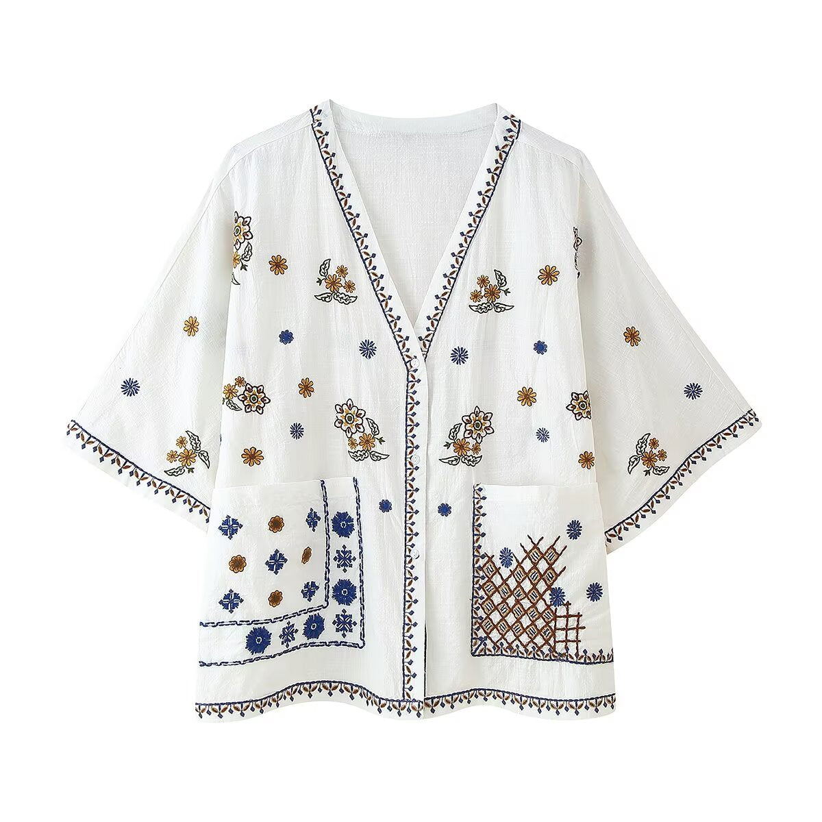 Women's Bohemian Embroidered Loose V Neck Shirt