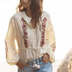 Women's Lace Embroidered Pullover Round Neck Long Sleeves Shirt