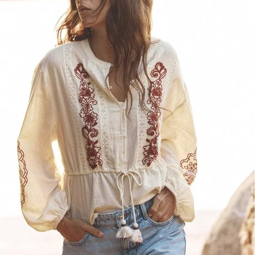 Women's Lace Embroidered Pullover Round Neck Long Sleeves Shirt