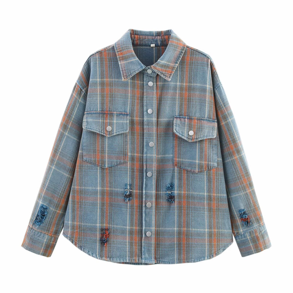 Women's Washed Hand Frayed Blue Plaid Shacket