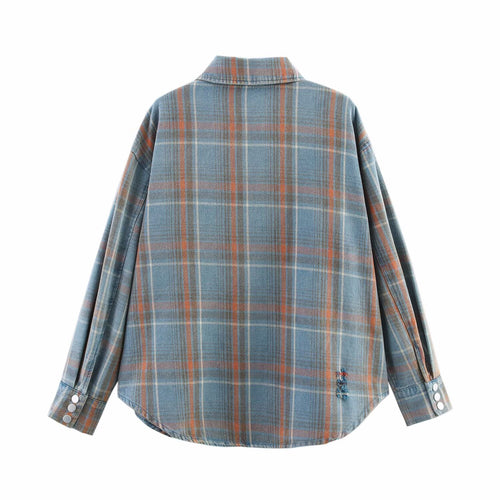 Women's Clothing Spring Casual Washed Hand Frayed Blue Plaid Shacket
