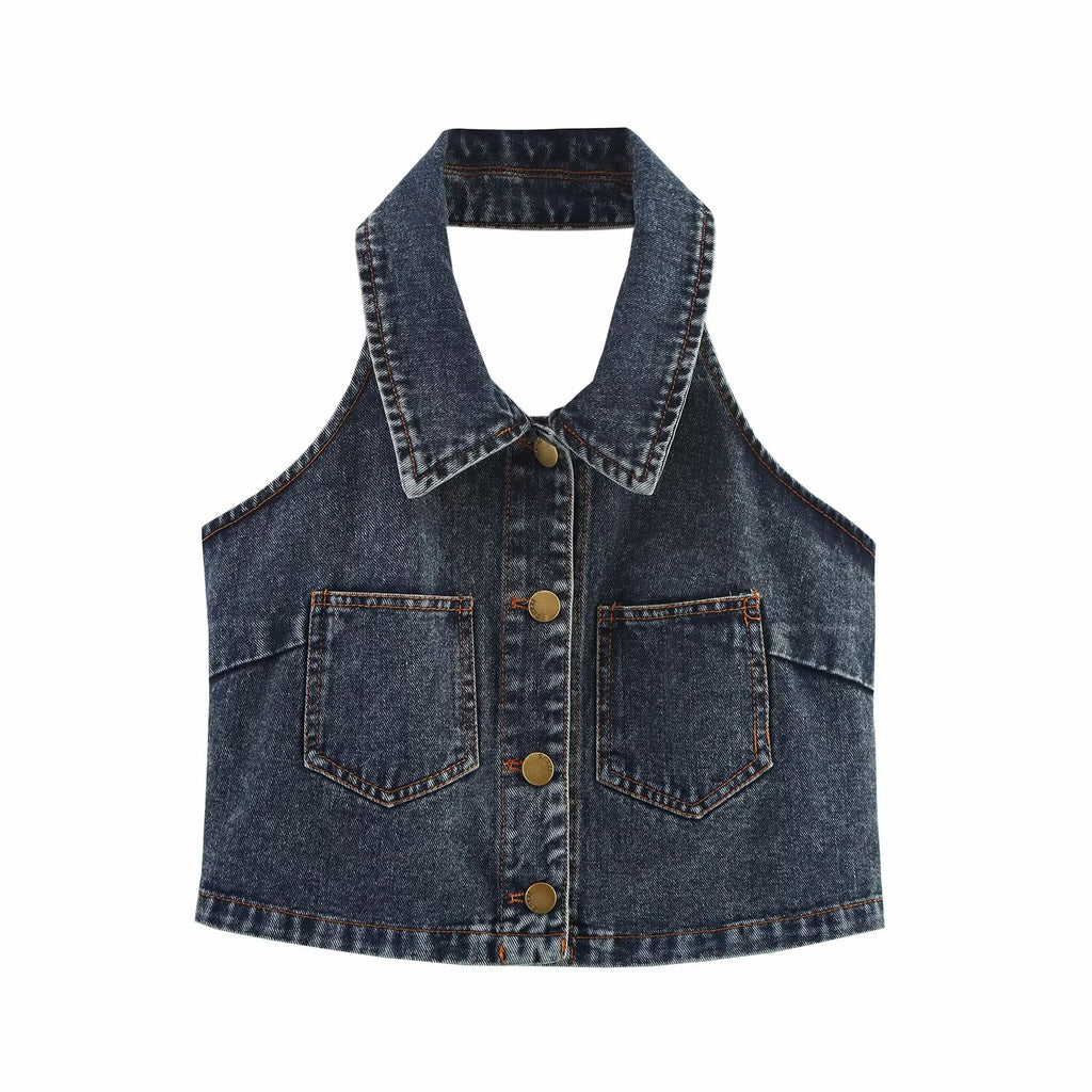 Women's Women's's Backless Collared Halter Denim Camisole Single Breasted Slim Top