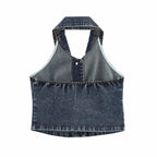 Women's Women's's Backless Collared Halter Denim Camisole Single Breasted Slim Top