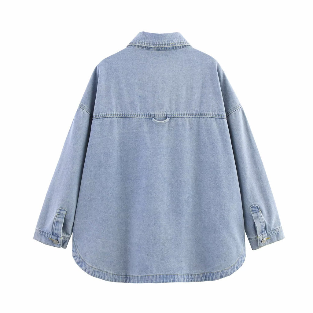 Women's Polo Collar Long Sleeve Denim Shacket