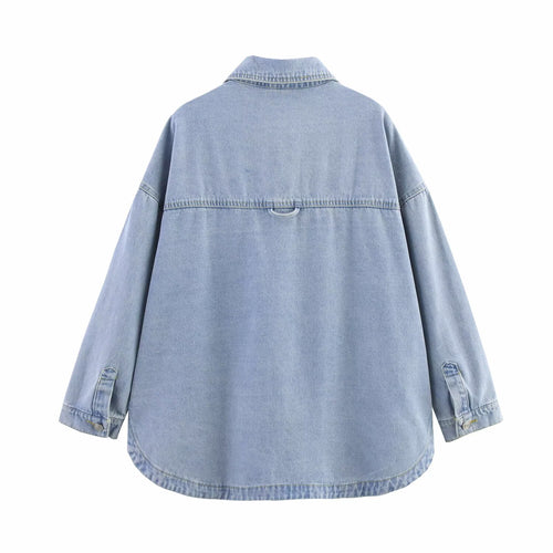 Summer Polo Collar Long Sleeve Denim Shacket Women