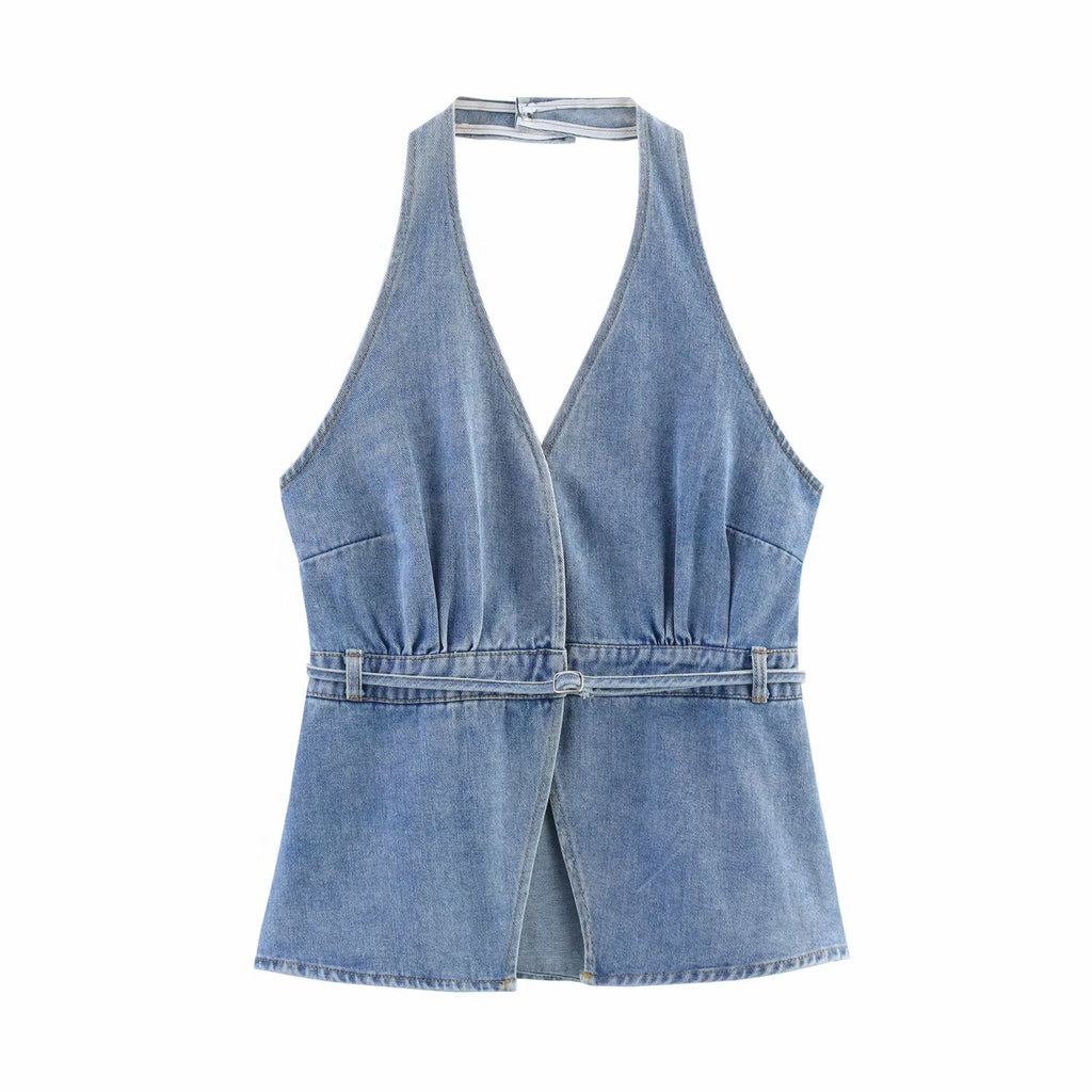 Women's Denim Halter Tank Top with Belt Detail