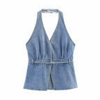 Women's Denim Halter Tank Top with Belt Detail