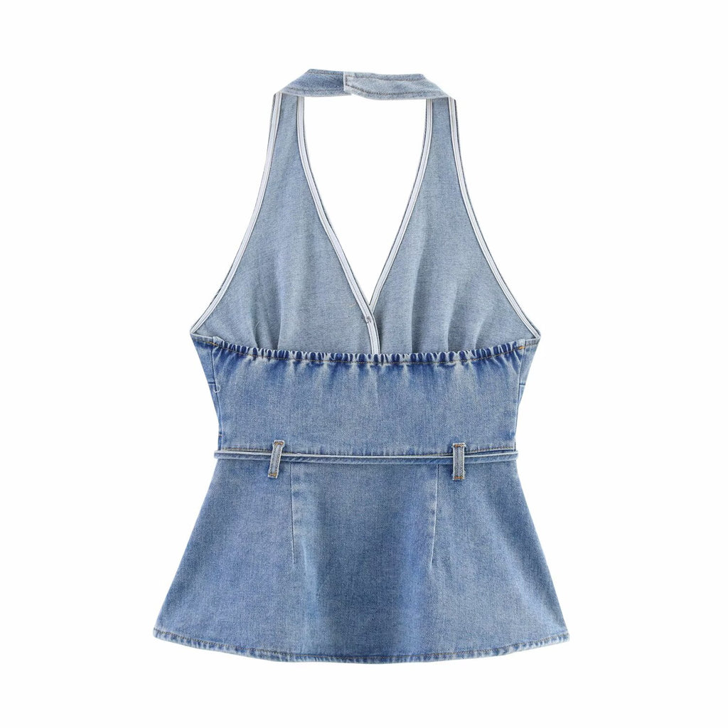 Women's Denim Halter Tank Top with Belt Detail