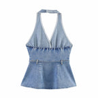 Women's Denim Halter Tank Top with Belt Detail