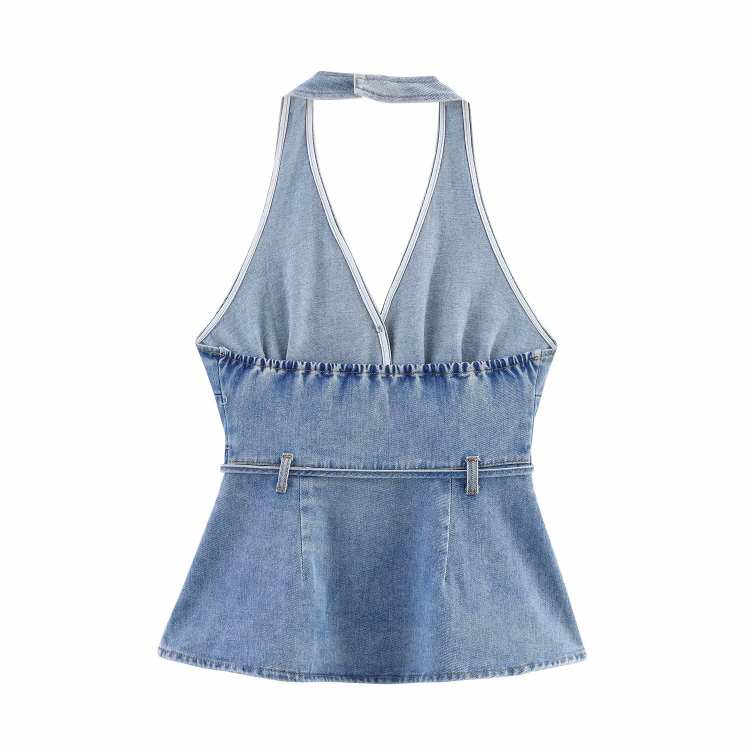 Women's Denim Halter Tank Top with Belt Detail