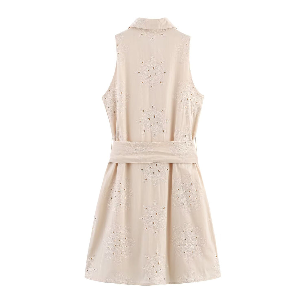 Embroidered Collared Belted Sleeveless A-Line Mini Dress