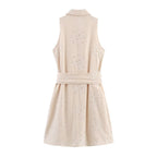 Embroidered Collared Belted Sleeveless A-Line Mini Dress