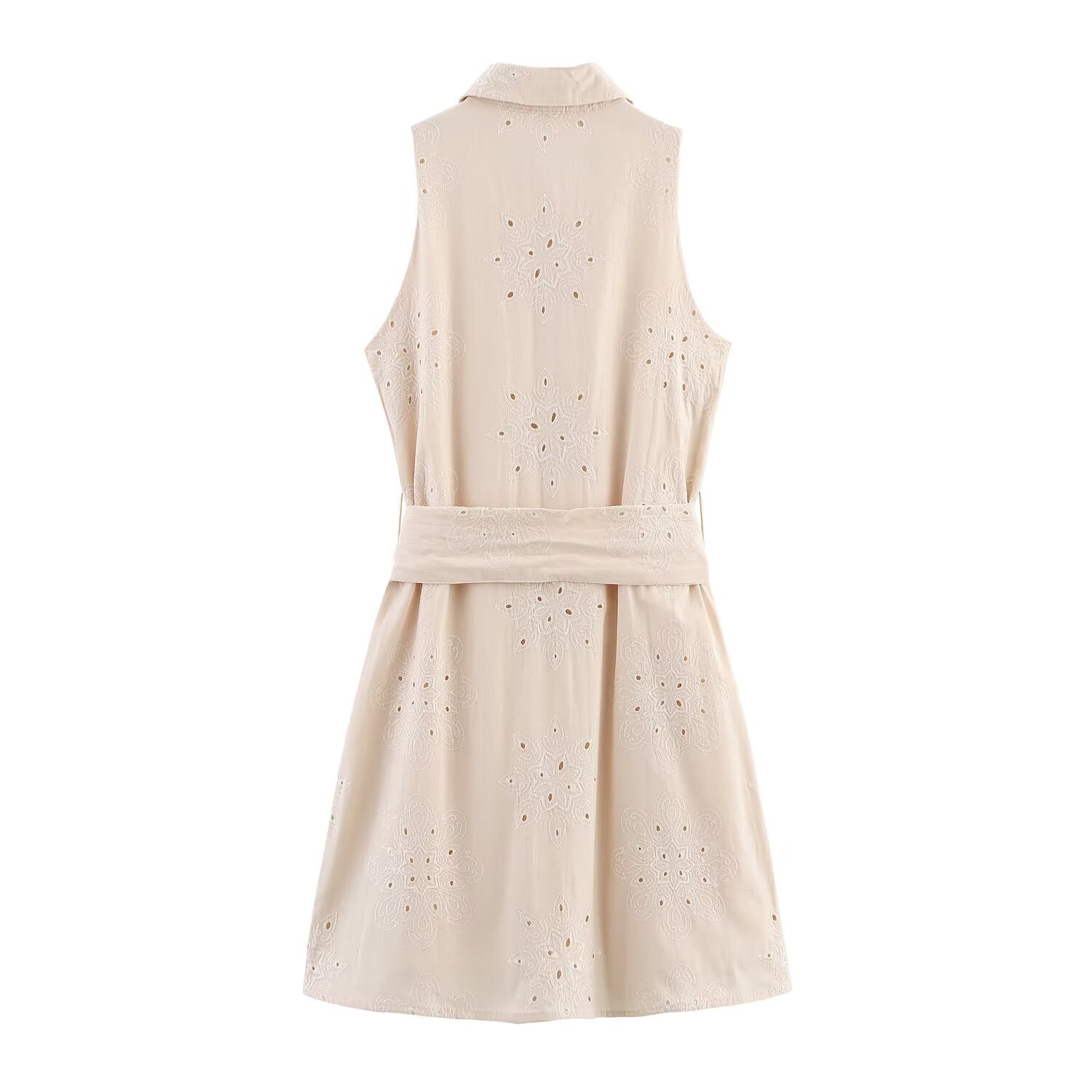 Embroidered Collared Belted Sleeveless A-Line Mini Dress