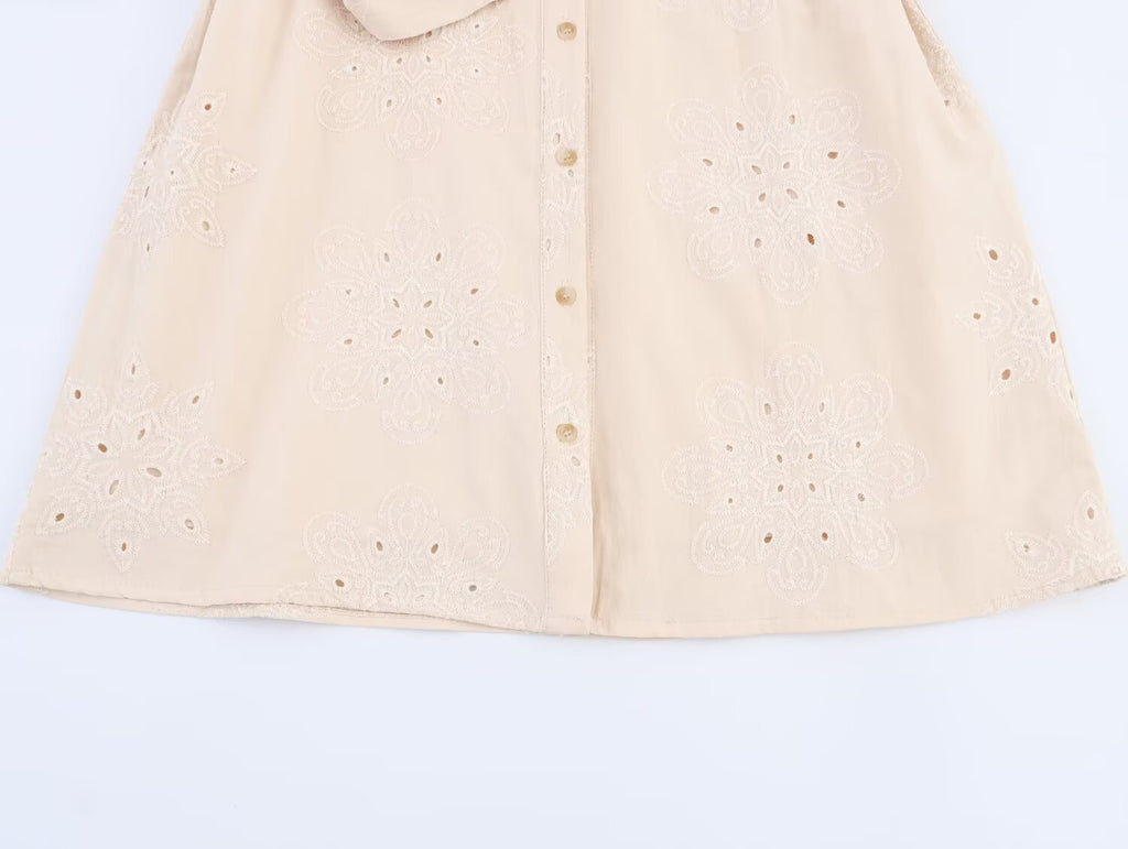 Embroidered Collared Belted Sleeveless A-Line Mini Dress