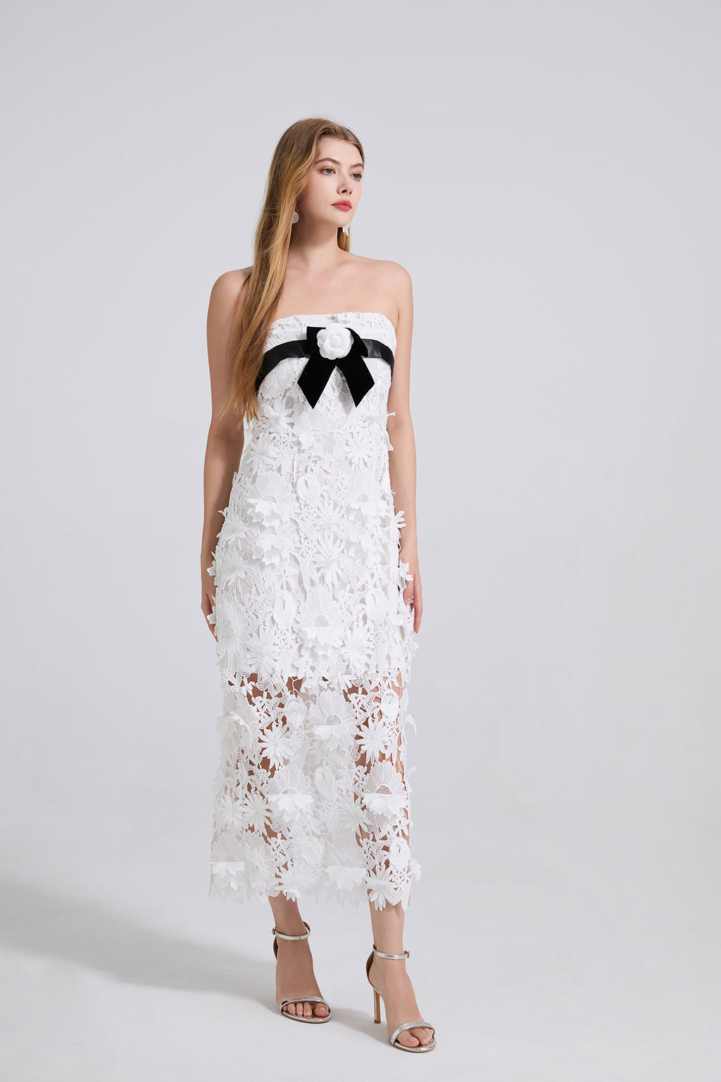Women's Strapless Lace Embroidered 3D Dress