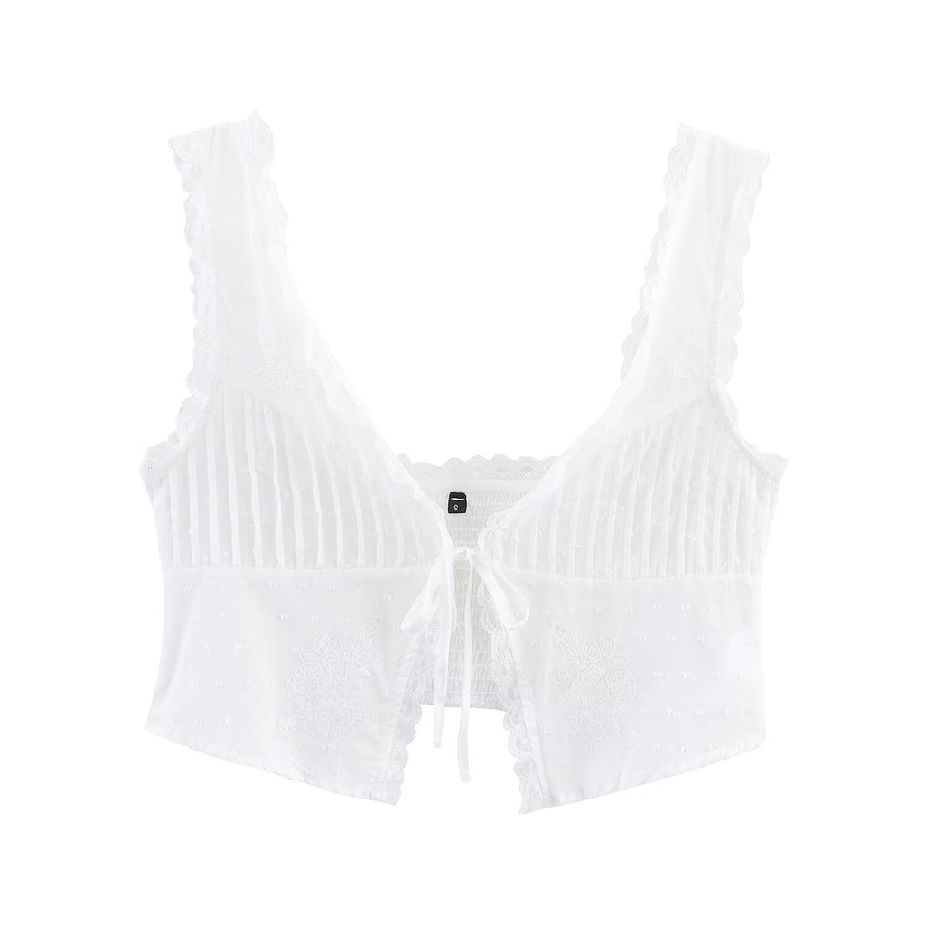 Women's Bow Detail Tulle V-Neck Crop Top