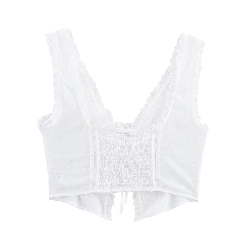 Women's Bow Detail Tulle V-Neck Crop Top