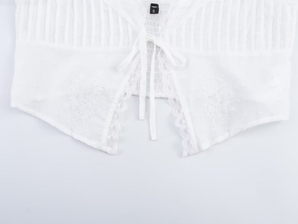 Women's Bow Detail Tulle V-Neck Crop Top