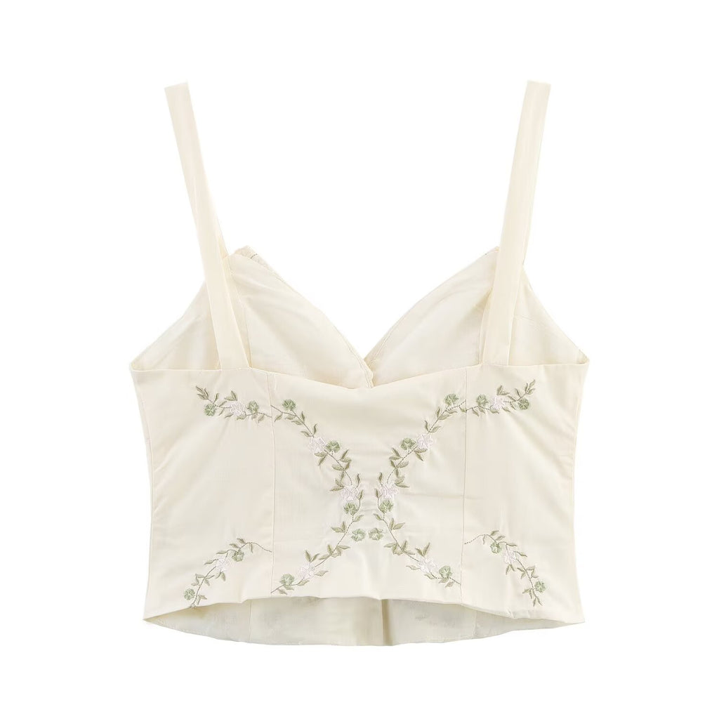 Women's Summer Women Clothing Embroidered Poplin Cotton V Neck Strap Top