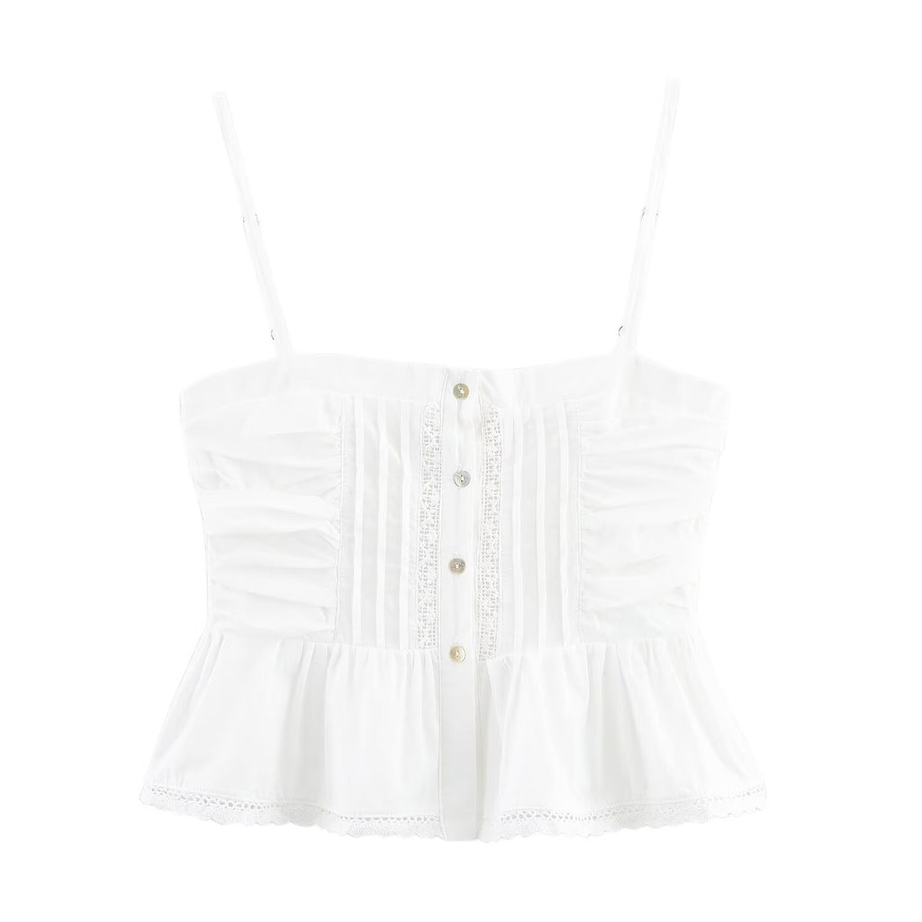 Women Clothing Sweet French Lace Embroidered Pleated Spaghetti-Strap Camisole Top