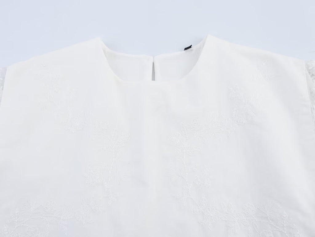 Women's Embroidered Bow Detail Crew Neck Top