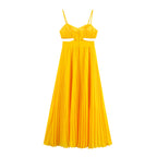 Women's Pleated Yellow Vacation Maxi Dress