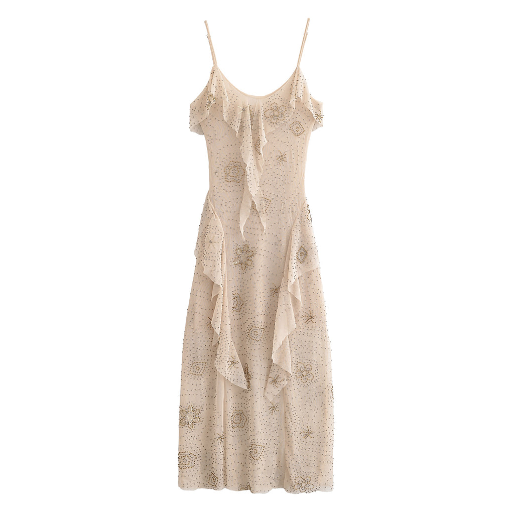 Floral Beaded Ruffled Cami Midi Dress