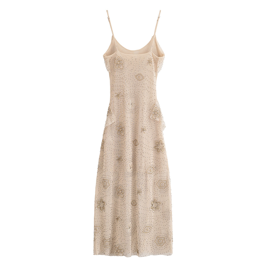 Floral Beaded Ruffled Cami Midi Dress