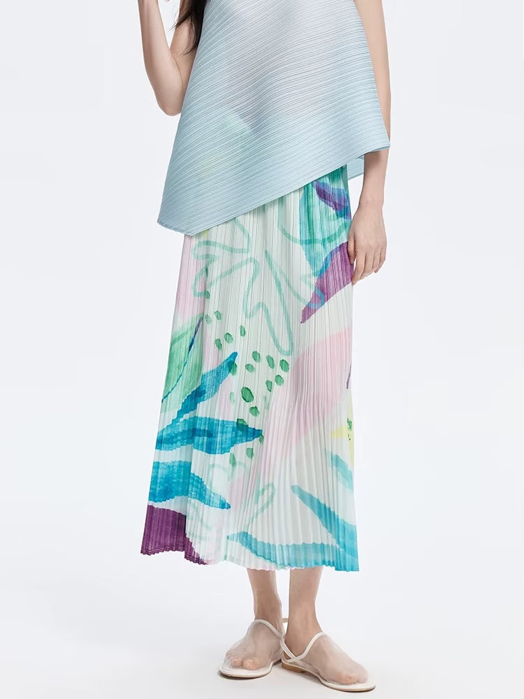 Gentle Printed Pleated Summer Elastic Waist Skirt