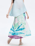 Gentle Printed Pleated Summer Elastic Waist Skirt