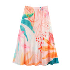 Gentle Printed Pleated Summer Elastic Waist Skirt