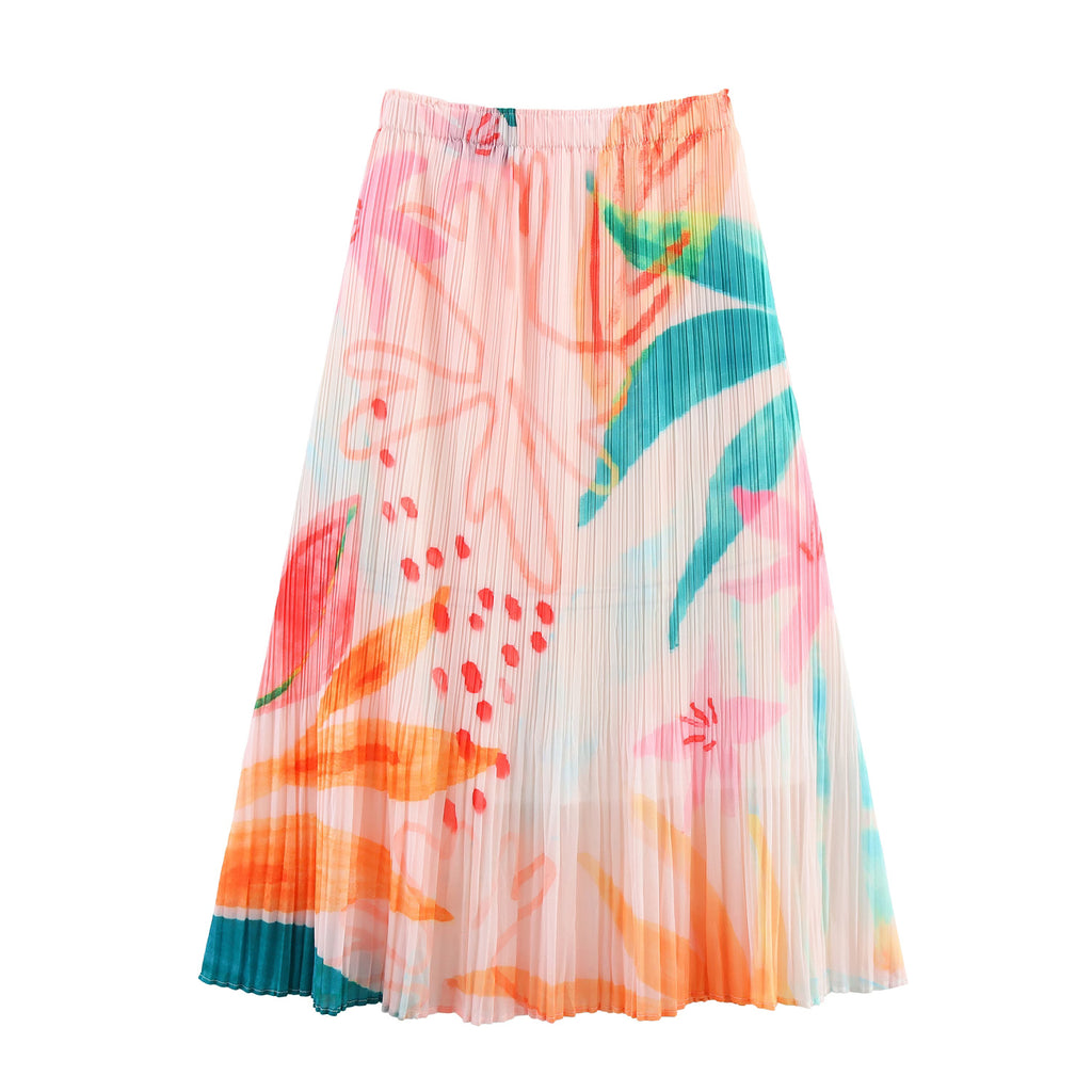 Gentle Printed Pleated Summer Elastic Waist Skirt