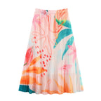 Gentle Printed Pleated Summer Elastic Waist Skirt