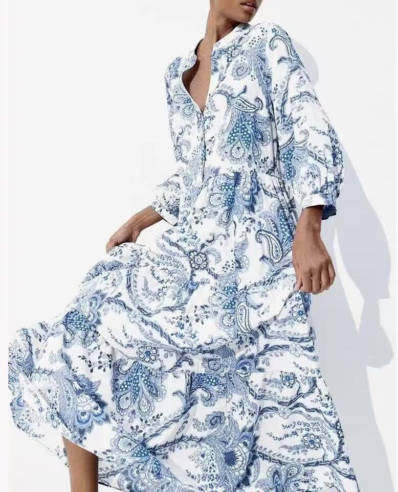 Rayon Printed Beach Bohemian Casual Loose Dress Elegant Midi