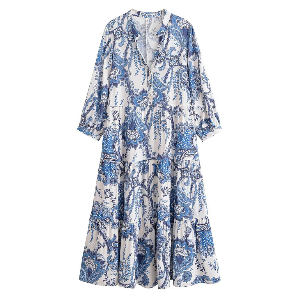 Rayon Printed Beach Bohemian Casual Loose Dress Elegant Midi