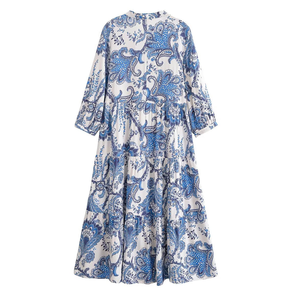 Rayon Printed Beach Bohemian Casual Loose Dress Elegant Midi