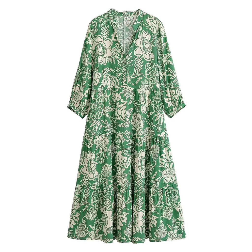 Rayon Printed Beach Bohemian Casual Loose Dress Elegant Midi