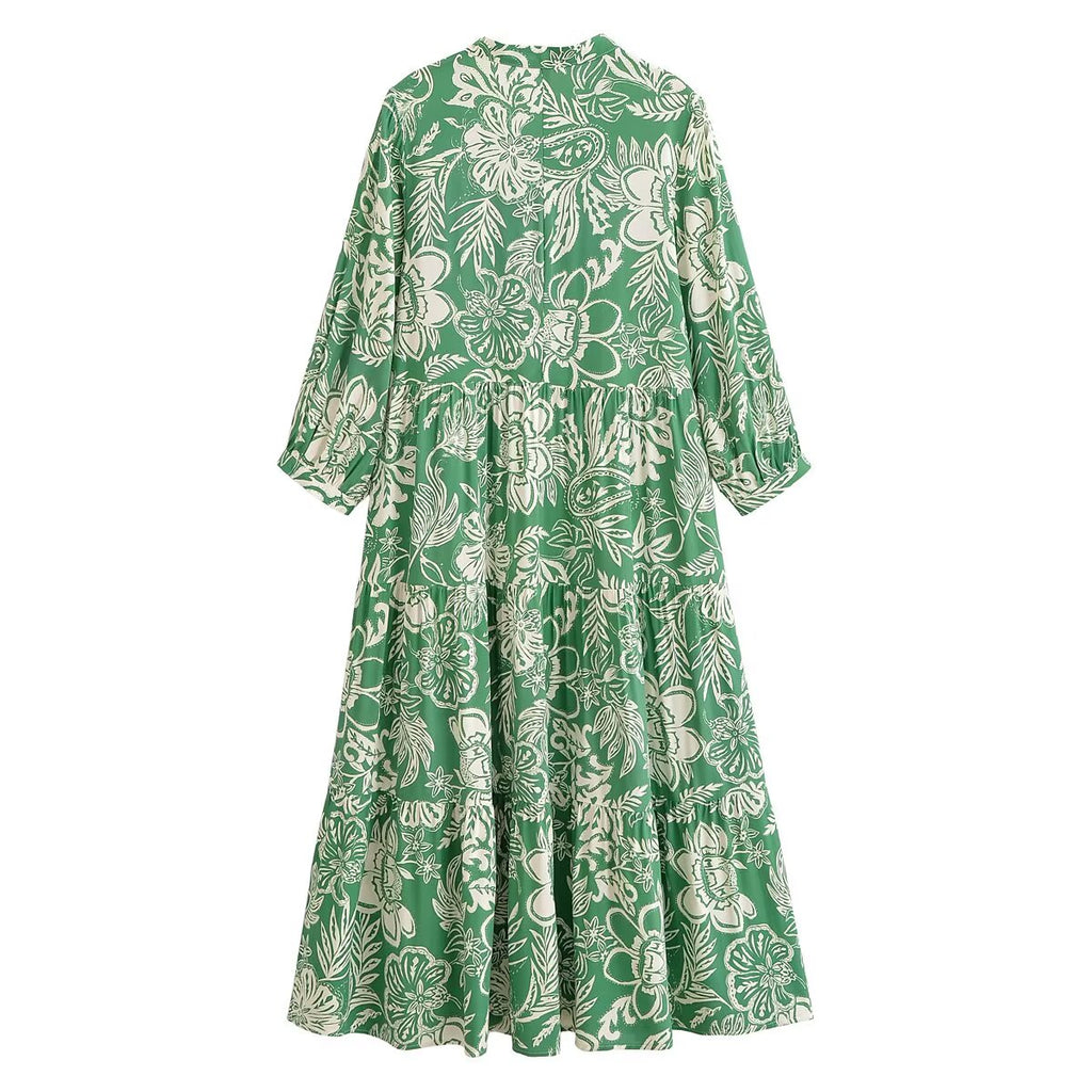 Rayon Printed Beach Bohemian Casual Loose Dress Elegant Midi