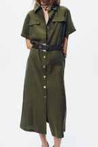 Collared Belted Button Maxi Dress