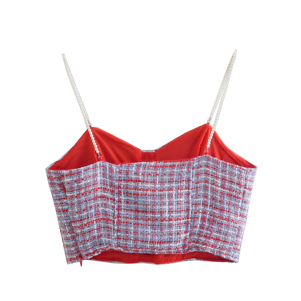 Women's Artificial Pearl Suspender Top and Skirt Two-Piece Set
