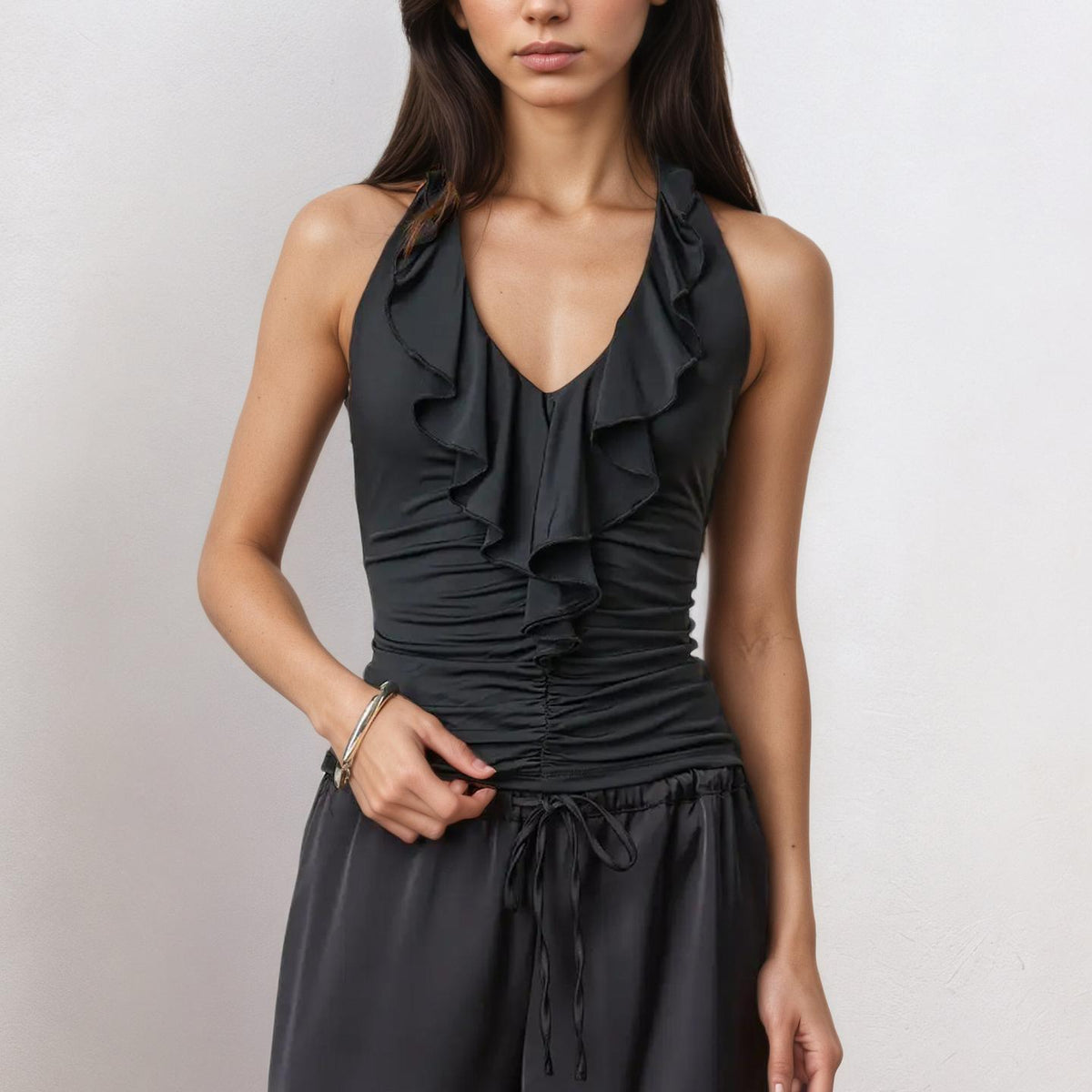 's Elegant V Neck Flounce Backless Lace Up Halter Top