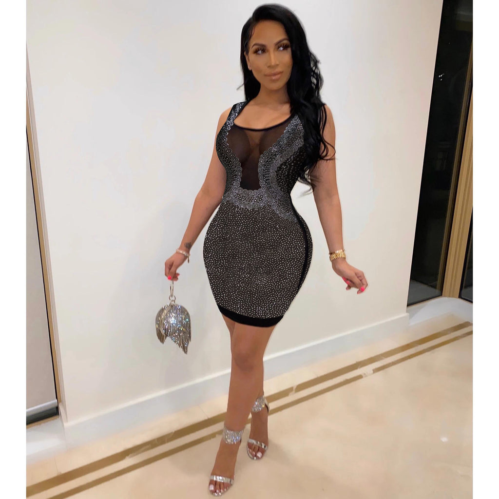Women's Crew-Neck Rhinestone Mesh Dress