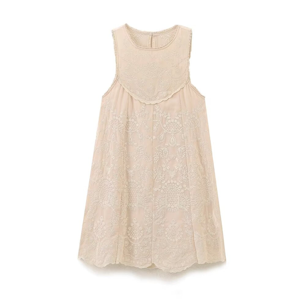 Contrast Embroidered Sleeveless Mini Dress